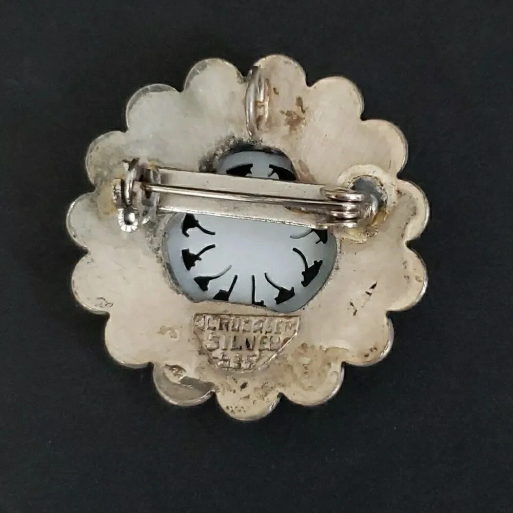 Vintage 935 Silver Jerusalem Carved Mother Of Pearl Flower Brooch Pin Pendant